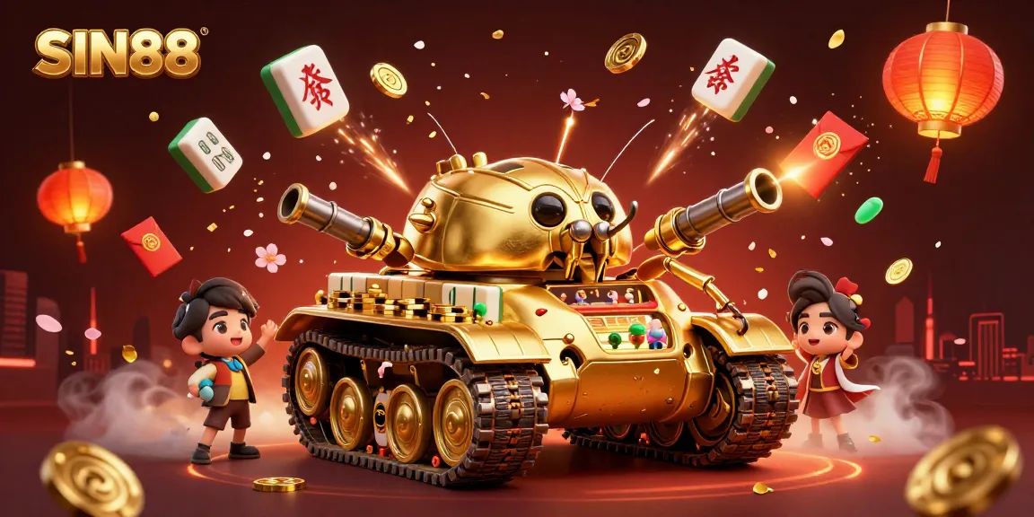 SIN88 showcases a vibrant 3D casino scene featuring a golden beetle tank and festive elements, illustrating immersive gambling.