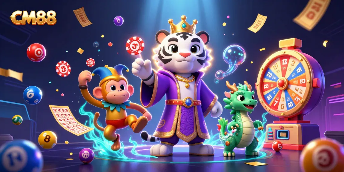 Experience the excitement of CM88 as a white tiger and monkey celebrate with vibrant casino elements.
