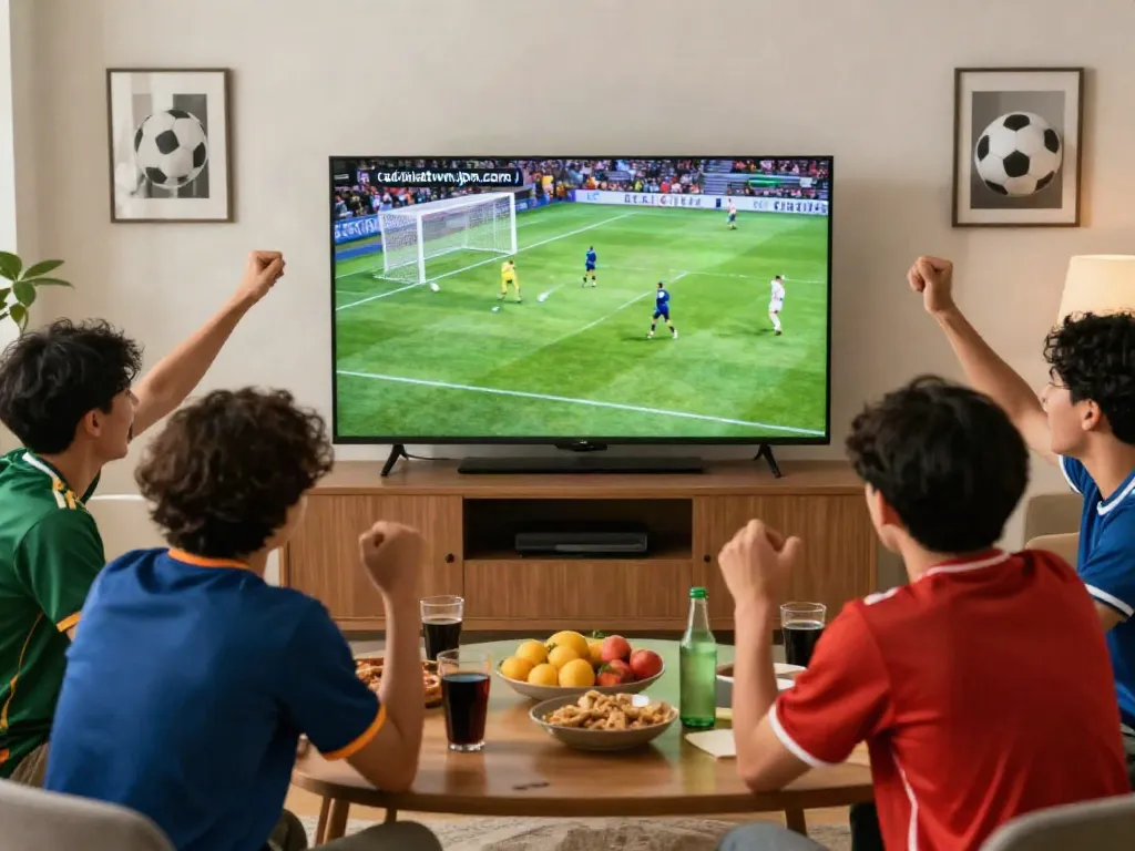 Fans enjoying a live soccer match from cakhiatvvn.jpn.com in a lively living room.