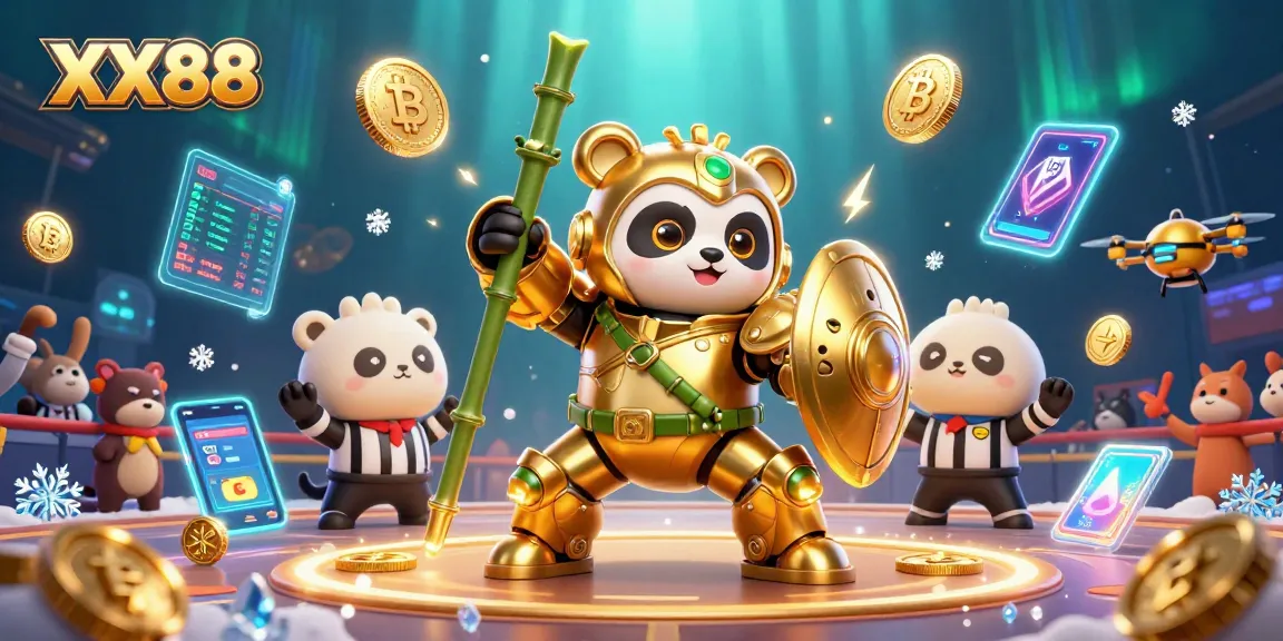 Experience thrilling gaming at XX88, featuring vibrant 3D characters surrounded by glowing crypto elements and dynamic casino action.