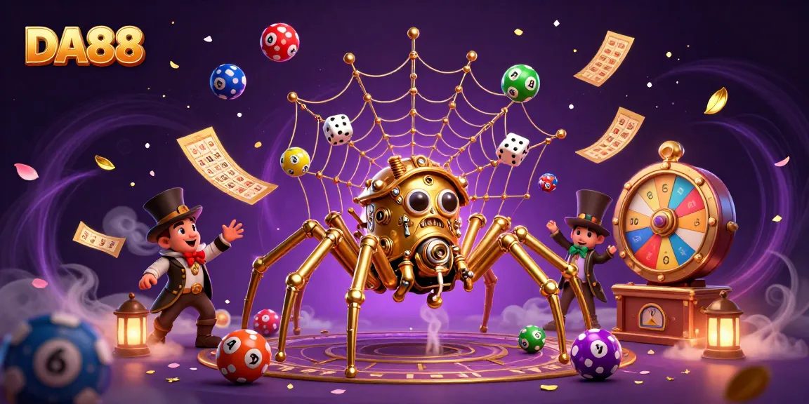 DA88 casino illustration showcasing a steampunk spider entangling dice amidst colorful lottery elements.