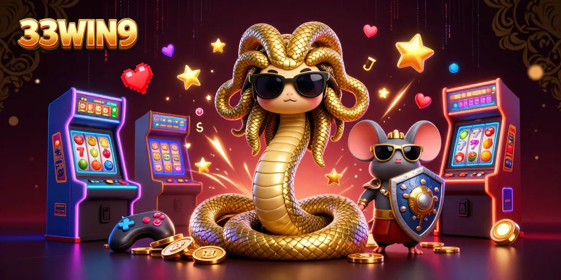 33WIN9 showcases Medusa and a warrior mouse in a vibrant casino setting filled with slot machines.