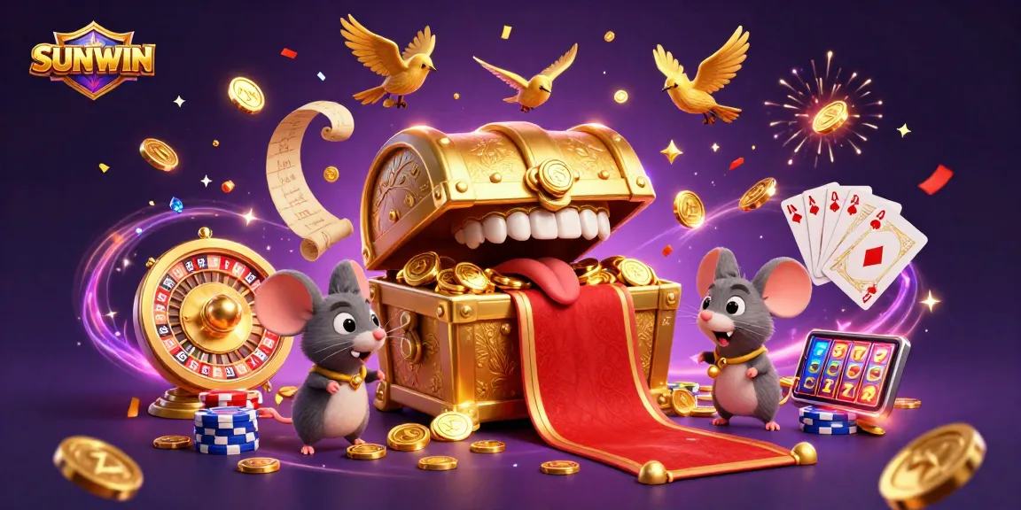 SUNWIN lures adventurer mice with casino riches featuring vibrant 3D animation elements.