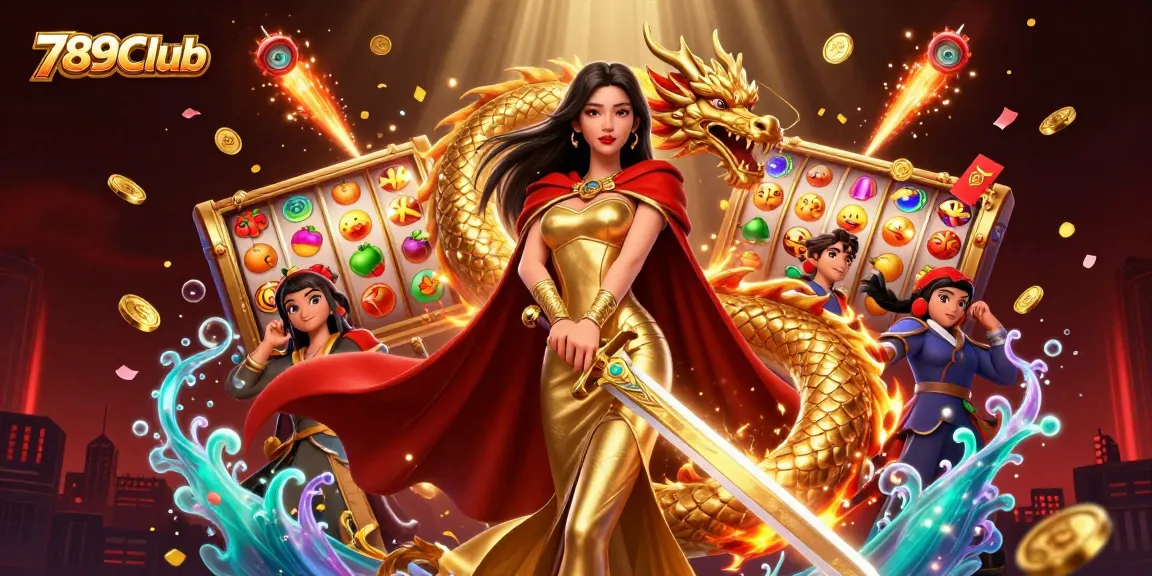 Engage with 789Club through captivating 3D visuals showcasing vibrant slot reels and treasures.