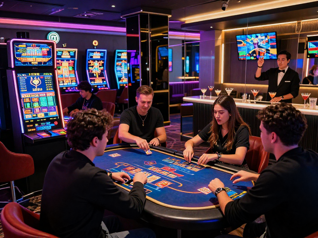 Experience the thrill of a crypto casino with players at modern gaming tables immersed in excitement and luxury.