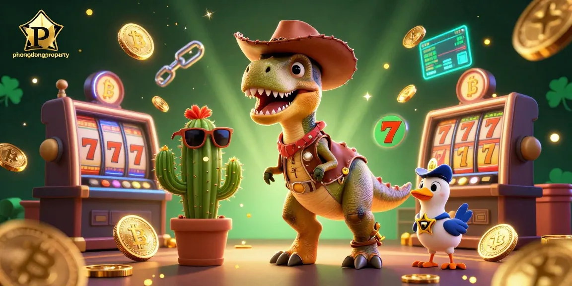 phuongdongproperty showcases a dynamic scene with a T-Rex cowboy in a lively casino environment, featuring slot reels and neon coins.