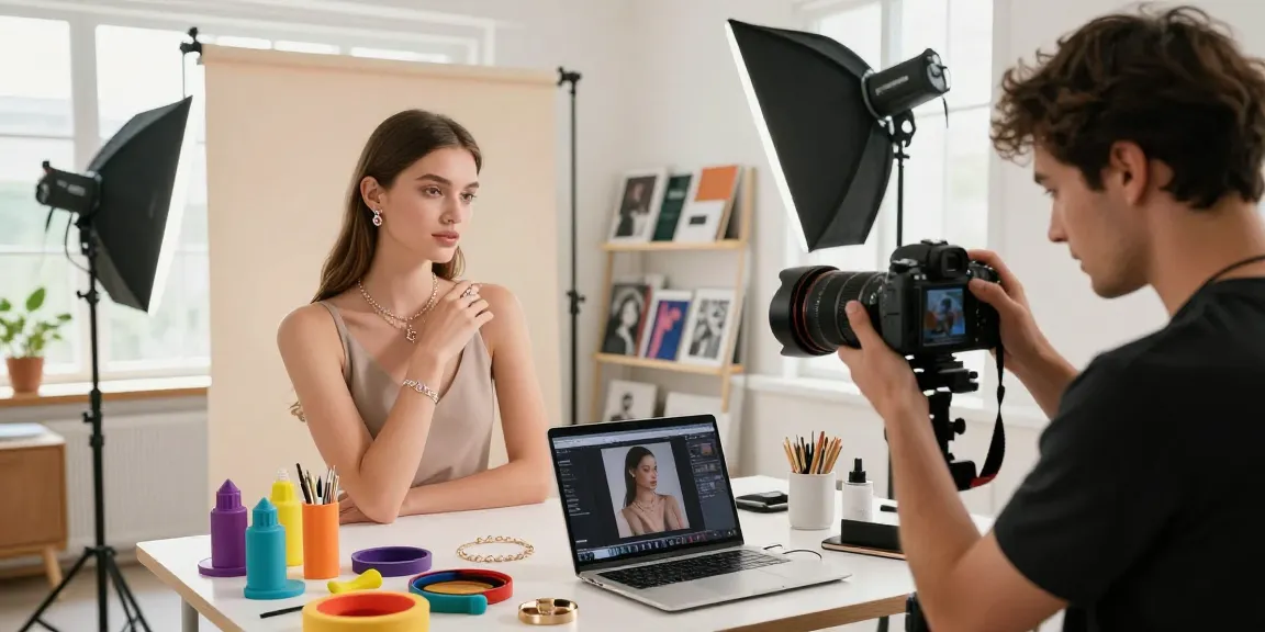 MaxArt studio fotografico che mostra un fotografo che cattura un'elegante modella con gioielli in un ambiente studio vibrante, evidenziando l'atmosfera creativa.