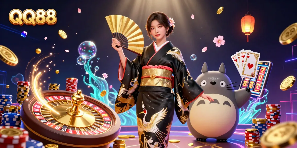 Spin the roulette with QQ88 as the elegant lady and wise tanuki celebrate casino thrills with golden coins and gems.